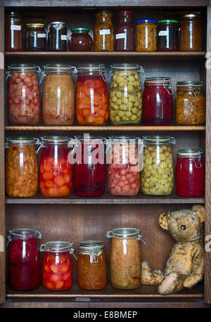 Un ours en peluche aux yeux élimés sur une planche en bois avec des bouteilles stockées des fruits, des confitures et des conserves Banque D'Images