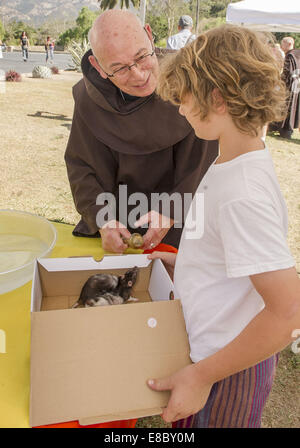 Santa Barbara, CA, USA. 4ème Oct, 2014. Frère Franciscain Angelo effectue la bénédiction des animaux à Mission Santa Barbara. L'événement annuel, qui célèbre la fête de saint François d'Assise, se tient sur la pelouse en face de l'église. Les invités comprenaient un poulet, Parrot, le lapin, le rat et une variété de chats et chiens. © PJ Heller/ZUMA/Alamy Fil Live News Banque D'Images