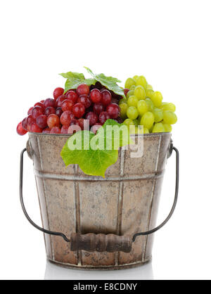 Un vieux seau en métal plein de mûres fraîches raisins rouges et verts. Format vertical sur fond blanc avec la réflexion. Banque D'Images