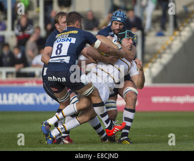 Manchester, Greater Manchester, UK. 5Th Oct, 2014. 5e septembre 2014, les guêpes center CHRIS BELL est soutenue par la vente No8 MARK EASTER et deuxième rangs Michael Paterson au cours de la Sale Sharks -V- guêpes match au stade AJ Bell : Crédit : Steve Flynn/ZUMA/Alamy Fil Live News Banque D'Images