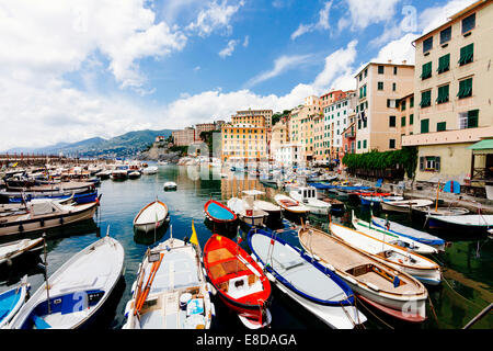 Port avec bateaux de pêche, Camogli, Ligurie, Riviera di Levante, Italie Banque D'Images