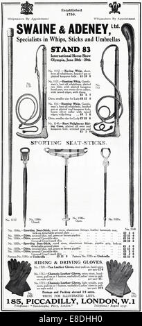 1920 Annonce de Swaine & ADENEY LTD spécialistes en bâtonnets et tir fouets parapluies de Piccadilly, Londres en anglais ma Banque D'Images