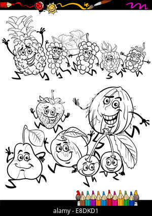 Livre de coloriage ou une page de bande dessinée de vulgarisation du noir et blanc Funny Running Set fruits pour les enfants Banque D'Images