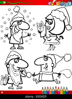 Livre de coloriage Cartoon Illustration de Noël Thèmes noir et blanc ensemble avec le Père Noël et jolie fille Banque D'Images