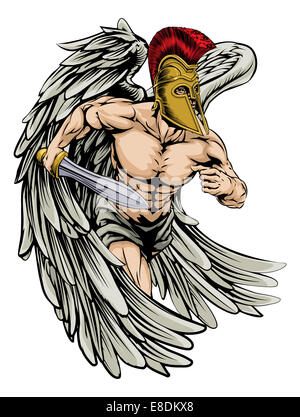 Une illustration d'un ange guerrier ou caractère mascot sport avec de grandes ailes d'un trojan ou casque style spartiate tenant une swor Banque D'Images