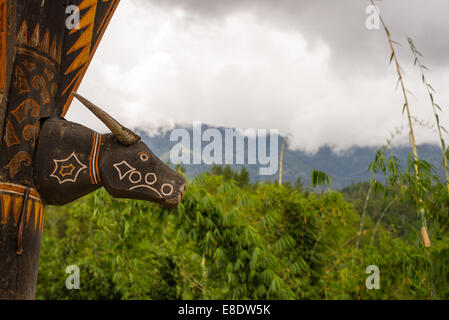 Détail de la façade d'une église en public à la décoration traditionnelle Tana Toraja (Gereja Toraja), au sud de Sulawesi, Indonésie. Banque D'Images