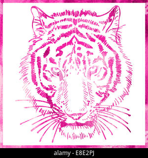 Tête de tigre est dans une aquarelle illustrations de couleur rose, portrait Banque D'Images