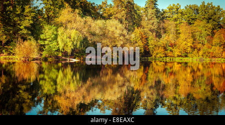 Journée ensoleillée en extérieur parc avec lac et arbres aux couleurs automnales sous réflexion ciel bleu. Incroyable de couleurs automne nature Banque D'Images