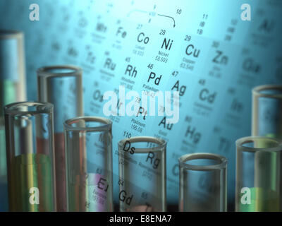 Tubes à essai à l'intérieur d'éléments chimiques et tableau périodique sur l'arrière-plan. Banque D'Images