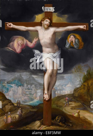 Le Christ en croix entre deux anges. Artiste : Mostaert, Gillis (1534-1598) Banque D'Images