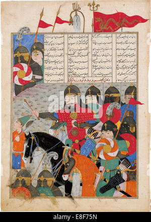 Kay Khusraw à Marches Gudarz's Rescue. (Manuscript illumination du Shahname épique Ferdowsi par. Artiste : maître iranien Banque D'Images