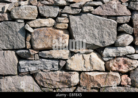 Un mur en pierre sèche dans les Hébrides extérieures contenant de gros blocs de gneiss Lewisian. Banque D'Images