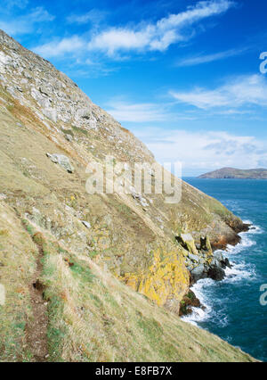 Voir NE voyage Bardsey son à la pointe de la péninsule de Lleyn, au nord du Pays de Galles, de l'E Pente de Mynydd Enlli abandonner abruptement à la mer. Banque D'Images