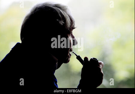 (Dossier) - Une archive photo, datée du 15 septembre 2009, illustre auteur Siegfried Lenz fumer sa pipe au cours d'une entrevue à Hambourg, Allemagne. Comme informé par l 'agence d'édition Hoffmann und Campe", l'auteur de littérature allemande de l'après-guerre est décédé le 07 octobre 2014. PHOTO : MAURIZIO GAMBARINI DPA/LNO Banque D'Images