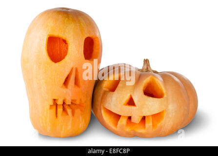 Deux Jack O'Lantern Halloween Pumpkins isolé sur fond blanc Banque D'Images