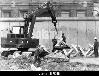 Les travailleurs de Berlin est de démanteler les pièges du réservoir au mur en face de l'arrondissement Kreuzberg à Berlin Ouest le 29 mars 1984. À partir du 13 août 1961, le jour de la construction du mur de Berlin, à la chute du Mur de Berlin le 9 novembre 1989, la République fédérale d'Allemagne et la RDA ont été séparés par le rideau de fer entre l'Occident et l'Orient. Banque D'Images