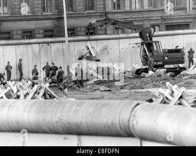 Les travailleurs de Berlin est de démanteler les pièges du réservoir au mur en face de l'arrondissement Kreuzberg à Berlin Ouest le 29 mars 1984. À partir du 13 août 1961, le jour de la construction du mur de Berlin, à la chute du Mur de Berlin le 9 novembre 1989, la République fédérale d'Allemagne et la RDA ont été séparés par le rideau de fer entre l'Occident et l'Orient. Banque D'Images