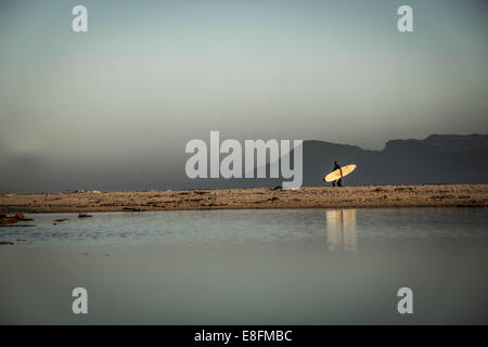 Surfers walking on beach Banque D'Images