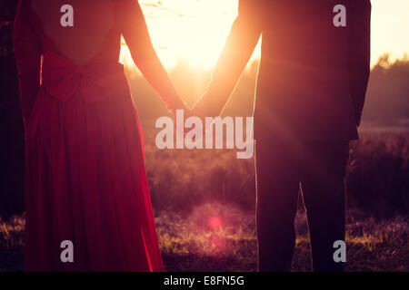 Couple debout dans un pré tenant les mains au coucher du soleil Banque D'Images
