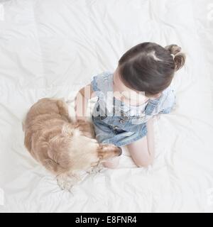 Vue de dessus de girl sitting on bed with dog Banque D'Images