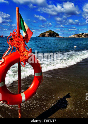 L'Italie, Ischia, conservateur de vie sur wooden post on beach Banque D'Images