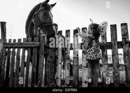 Fille habillée comme une fée debout sur une clôture regardant un cheval Banque D'Images