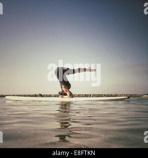 Femme faisant une tête de yoga soutenue sur un paddleboard, californie, amérique, Etats-Unis Banque D'Images