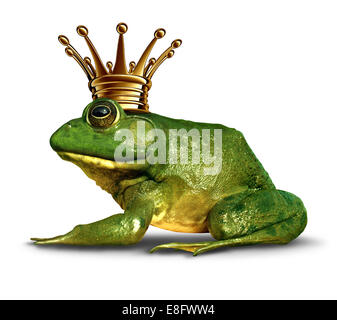 Le prince grenouille vue latérale concept avec couronne d'or représentant le symbole de conte de fées du changement et de la transformation d'un amphibie Banque D'Images