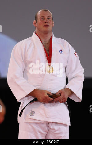 Cérémonie de remise des médailles. Christopher Sherrington (SCO) Médaille d'or Judo - -100kg Final - SECC Glasgow - Écosse, Royaume-Uni - 260714 - Glasgow Banque D'Images