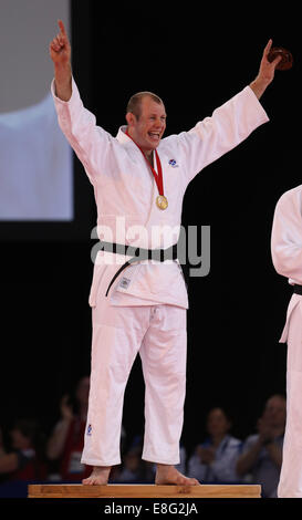 Cérémonie de remise des médailles. Christopher Sherrington (SCO) Médaille d'or Judo - -100kg Final - SECC Glasgow - Écosse, Royaume-Uni - 260714 - Glasgow Banque D'Images