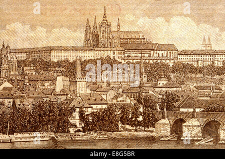 Détail d'un état tchécoslovaque 1953 100 billet de Korun / Le Château de Prague et la rivière Vltava Banque D'Images