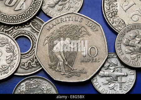 Coins de l'île Maurice. Paysanne mauricienne de canne à sucre dans un champ représenté dans la roupie mauricienne 10 pièce. Banque D'Images