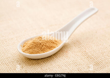 Poudre de racine de ginseng bio blanc sur une toile de jute contre Cuillère chinoise Banque D'Images