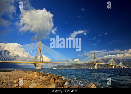 Le pont à haubans de Rio-Antirio, comme vu du château de Antirio, Municipalité de Nafpaktos, Heraklion, Grèce. Banque D'Images