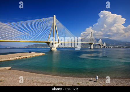 Le pont à haubans de Rio-Antirio, comme vu du château de Antirio, Municipalité de Nafpaktos, Heraklion, Grèce. Banque D'Images