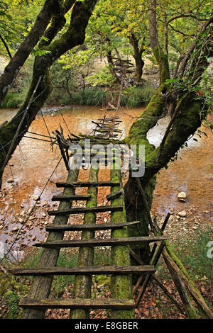 Vieux pont suspendu au-dessus des piétons, rivière Kotsalos Oreini (ountainous «') Nafpaktia, Rethymnon, Grèce. Banque D'Images