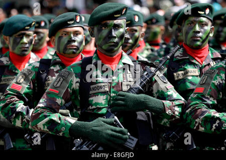 Aceh, Indonésie. Oct 7, 2014. Les militaires indonésiens défilé pendant les célébrations du 69e anniversaire des Forces armées indonésiennes à Banda Aceh, Aceh, Indonésie, le 7 octobre 2014. Credit : Junaidi/Xinhua/Alamy Live News Banque D'Images