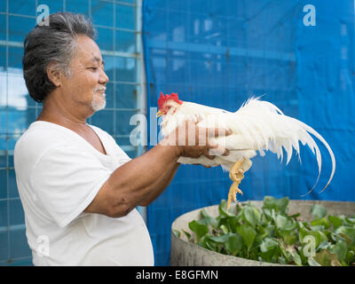 Iha-san avec son chan チャーン les poulets qui sont indigènes à Okinawa. Uruma City, Okinawa. Le JAPON Banque D'Images