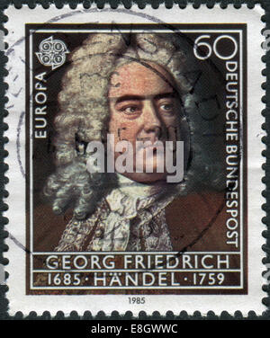 Allemagne - circa 1985 : timbre-poste imprimé en Allemagne, spectacles portrait du compositeur George Frideric Handel, vers 1985 Banque D'Images