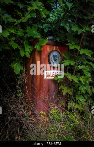 Ancienne pompe à carburant essence abandonnés rouillée couverte de mauvaises herbes. Banque D'Images