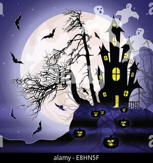 Fond d'Halloween avec des citrouilles, maison, arbres, de la lune et des chauves-souris. Banque D'Images