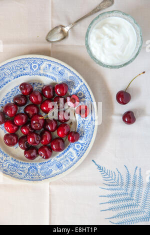 Cerises entières sur une plaque en céramique bleue, sur le linge des feuilles et de la crème ou du yaourt dans un plat en verre avec cuillère vintage Banque D'Images