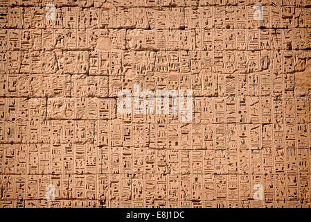 Mur plein de coulé de hiéroglyphes de secours -temple Roi Ramsès III (Ville de Habu) à l'ouest de Louxor en 1100 avant J.-C. Banque D'Images