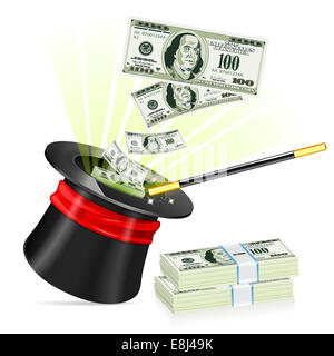 Magician Hat avec des dollars et baguette, isolé sur fond blanc Banque D'Images