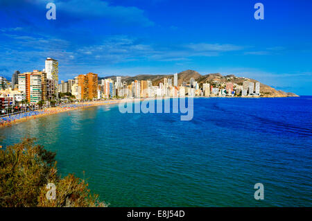 Vue aérienne de la plage de Levante à Benidorm, Espagne Banque D'Images