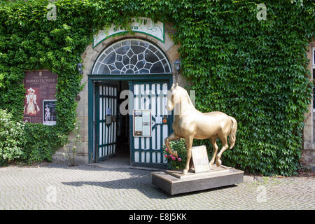 Golden Horse statue devant la cour impériale, Riding-School Bueckeburg, stable, Basse-Saxe, Allemagne, Europe, Banque D'Images