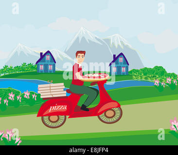 Pizza delivery man sur une moto Banque D'Images
