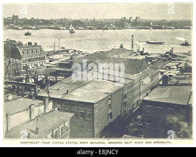 Cette illustration de 1893 de King’s *New York City* montre une vue nord-est depuis le United States Army Building, avec une vue dégagée sur l’East River et le front de mer de Brooklyn. Le croquis capture le développement urbain et les ponts de l'époque, illustrant l'infrastructure croissante de New York à la fin du XIXe siècle. Banque D'Images