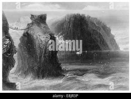 Carrick a rede County Antrim Irlande pont suspendu Pont de corde de Carrick island vers 1870 Banque D'Images