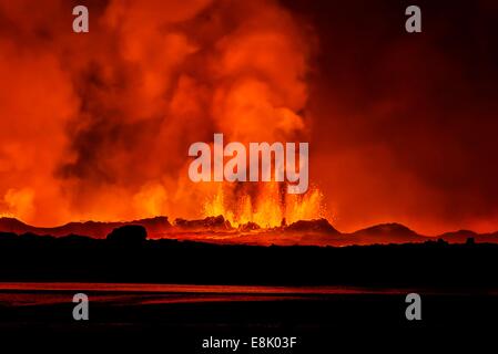 Des fontaines de lave dans la nuit, à l'éruption Holuhraun, fissure près du volcan Bardarbunga, Islande Banque D'Images